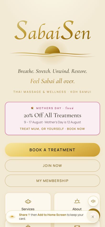 The SabaiSen spa app as a customer sees it