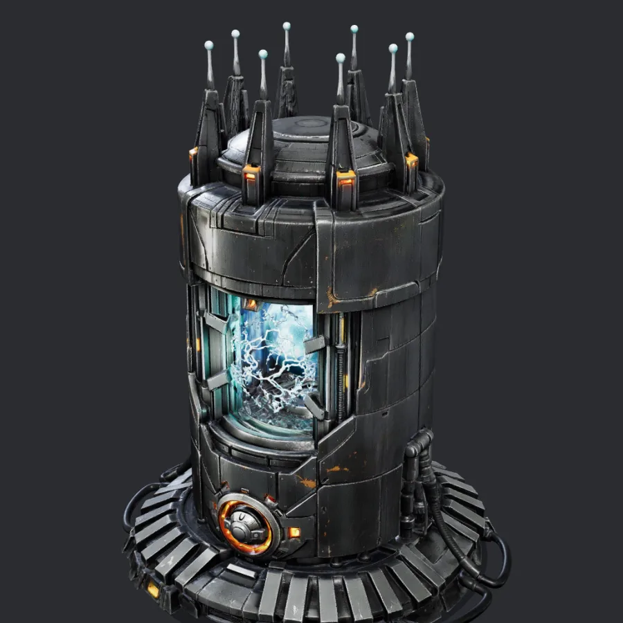 The power core in 3D, spikes and a lit window