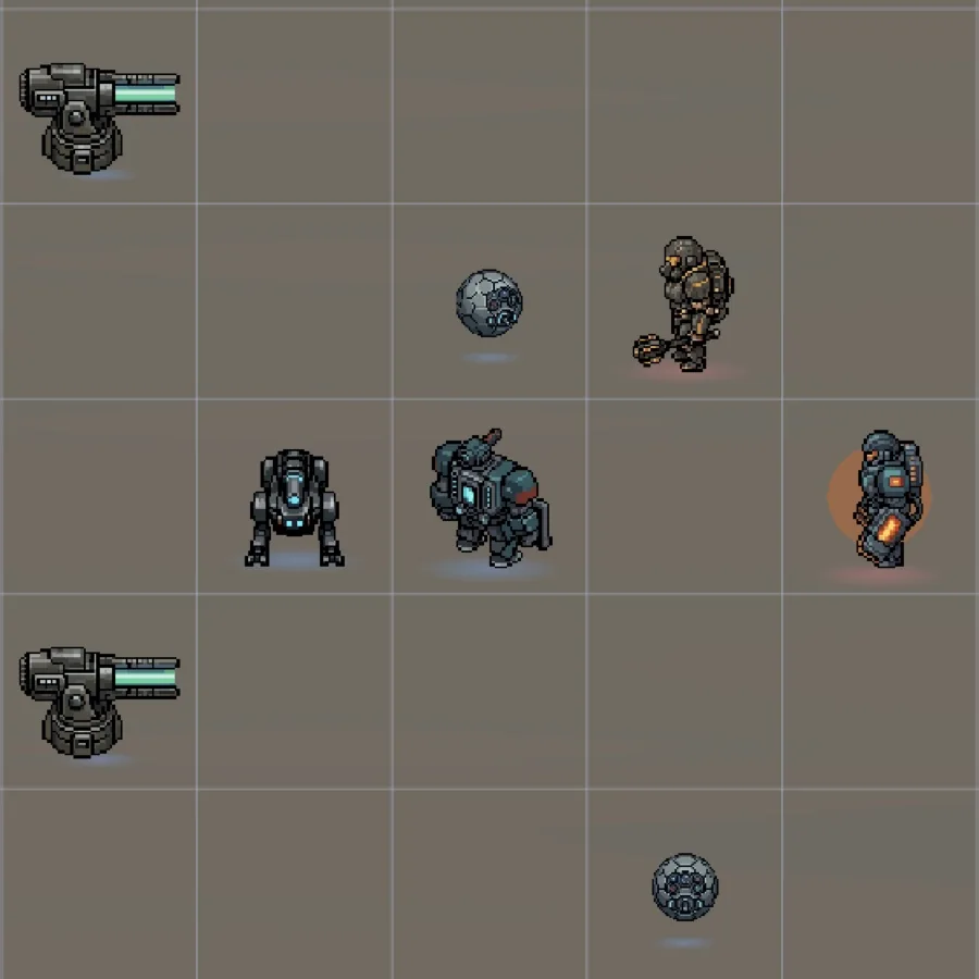 AstroHold: two turrets, a sphere and a walker on the grid