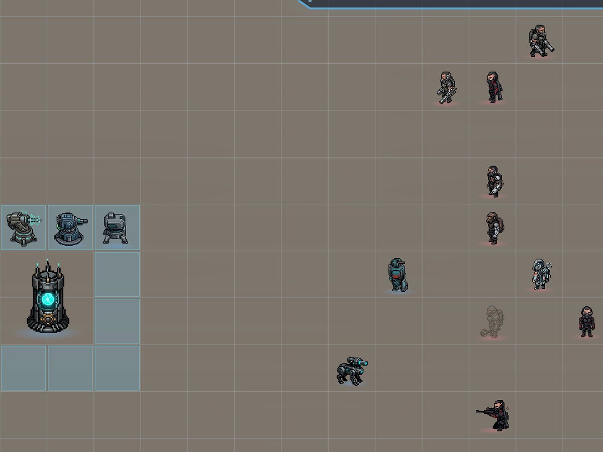An AstroHold battle: cyborgs advancing across the grid on a robot defence line and the glowing power core