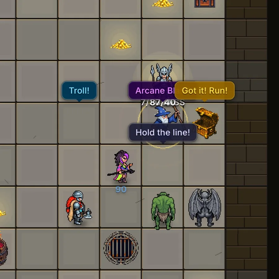 DungeonHole: the Valkyrie grabs the treasure, Got it! Run!, while the Wizard blasts the troll