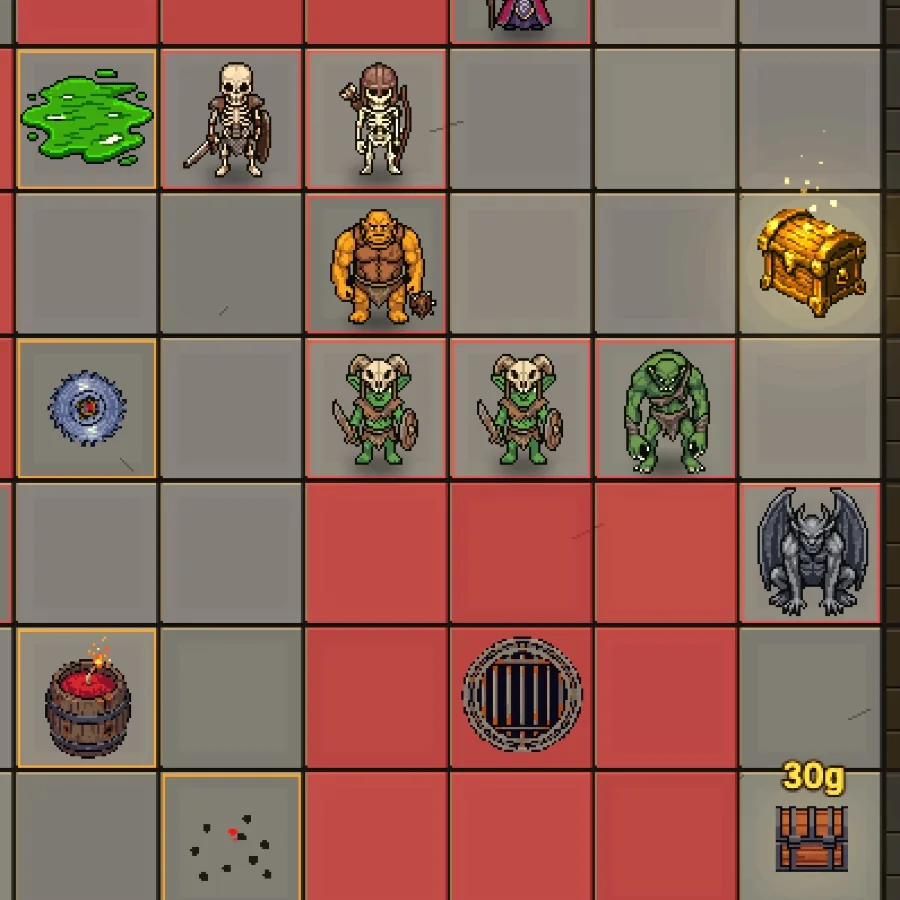 DungeonHole: the Defender's dungeon, skeletons, ogre, goblins and a gargoyle laid out around the treasure