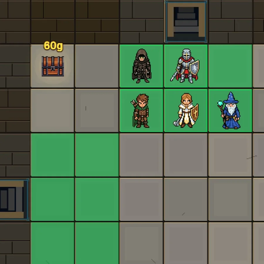 DungeonHole: Thief, Fighter, Ranger, Cleric and Wizard on the green squares, ready to march