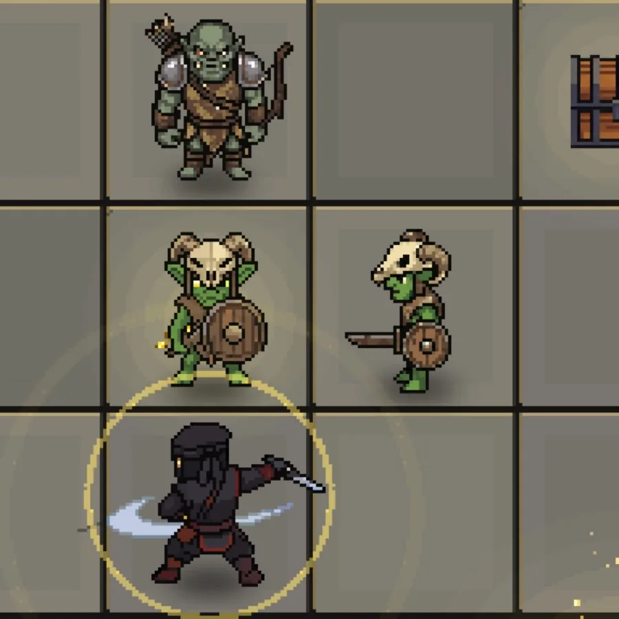 DungeonHole: the ninja squares up to two goblins