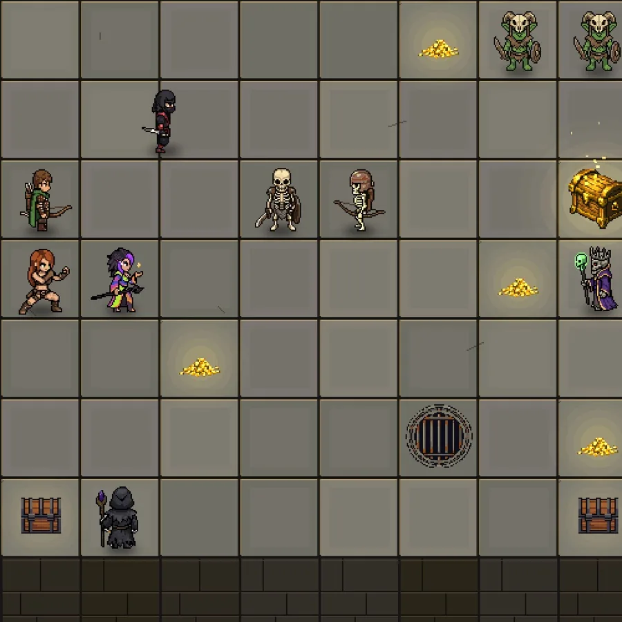DungeonHole: the party spread across the board with the treasure glowing in the corner