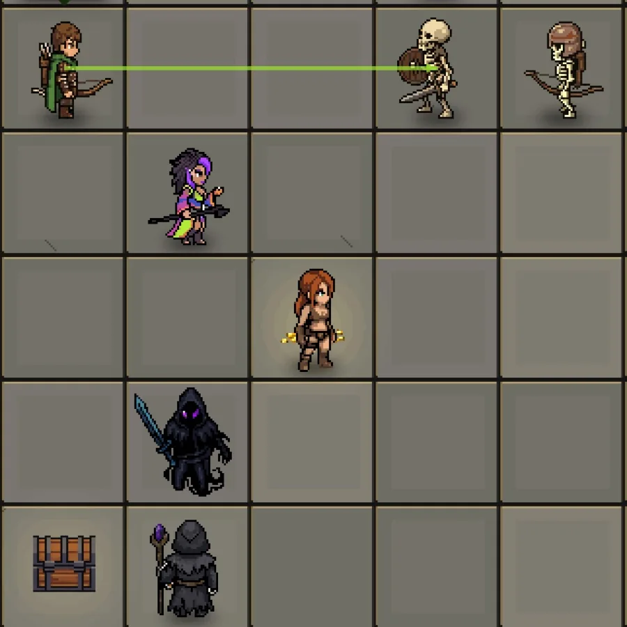 DungeonHole: the ranger's line of fire across the tiles to a skeleton
