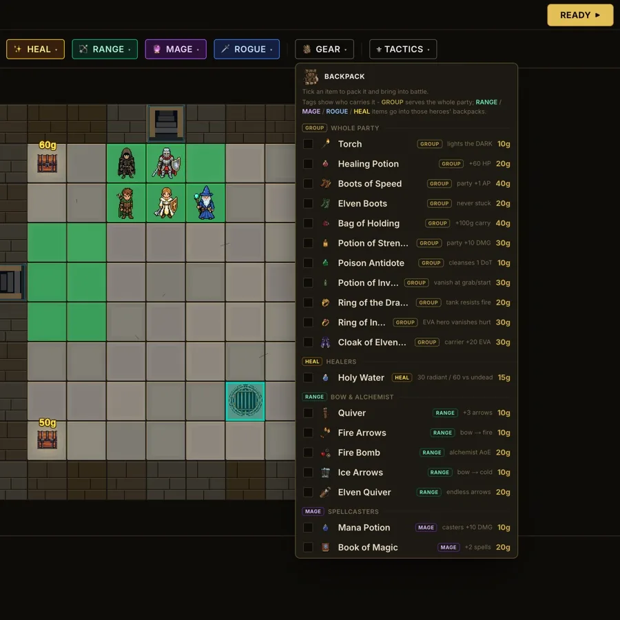 DungeonHole: the backpack, gear for the party before the door opens