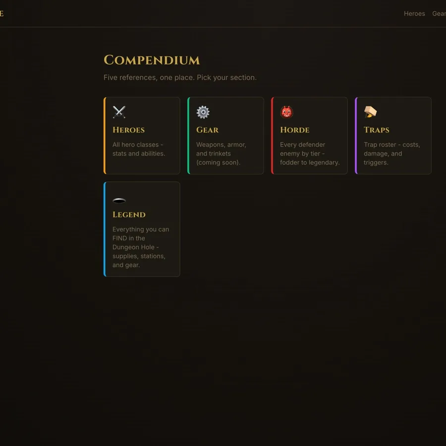 DungeonHole: the compendium index, heroes, gear, horde, traps, legend
