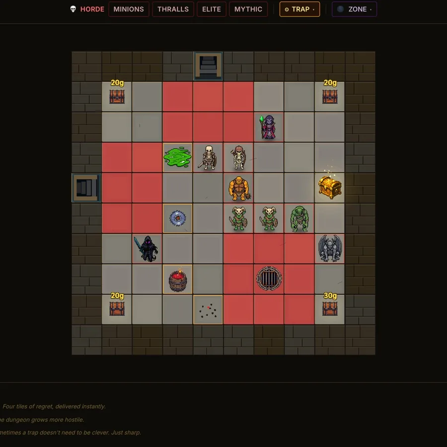 DungeonHole: the Defender's build screen, the horde shop bar and the traps