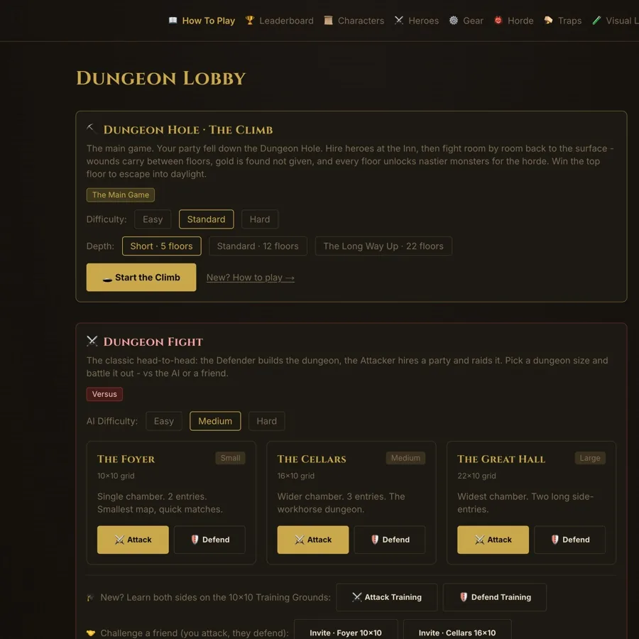DungeonHole: the lobby, pick a difficulty and a depth, or fight