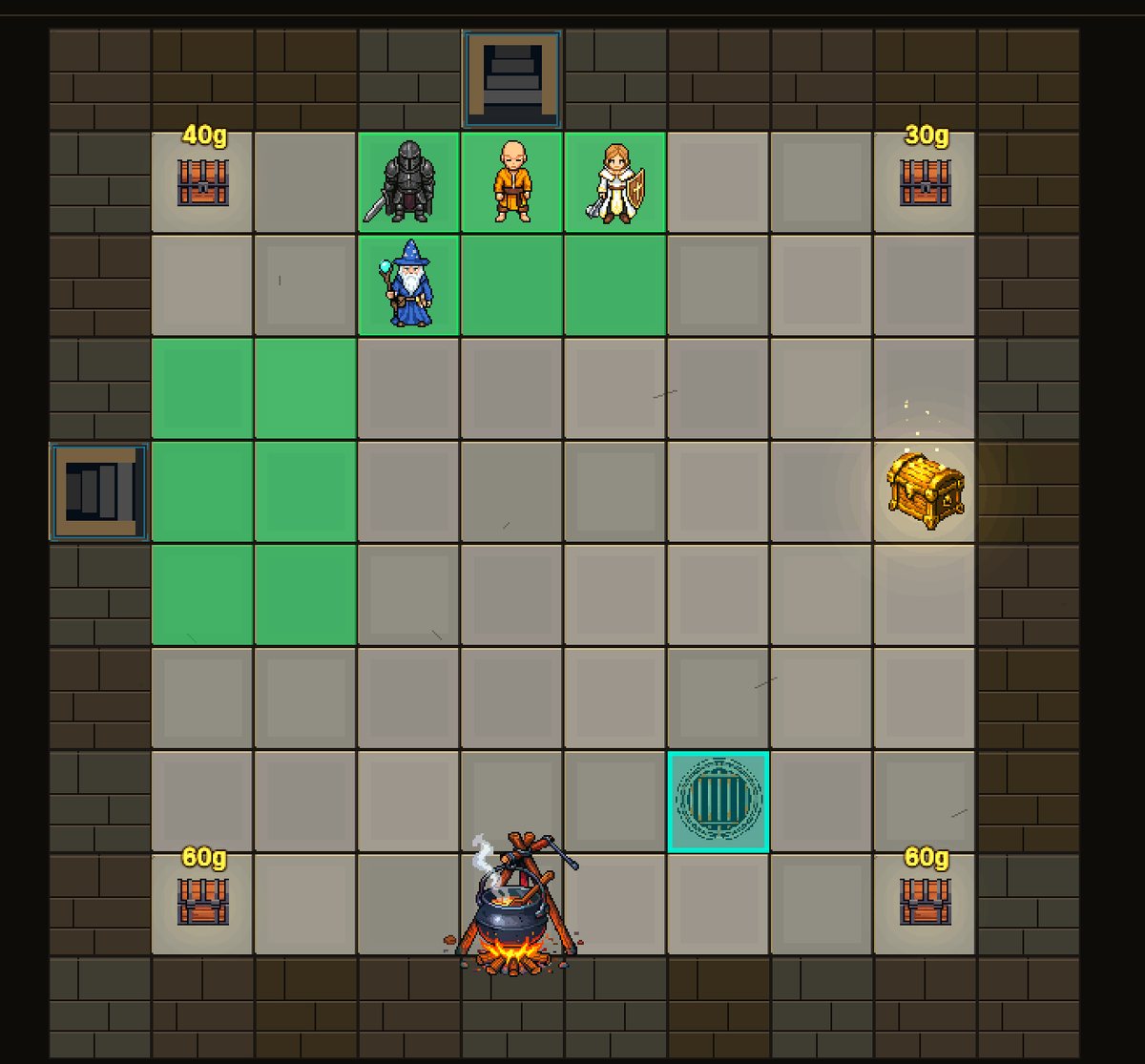 A DungeonHole floor: the tiled dungeon board with chests, a cauldron and the party of four placed on the green deploy tiles
