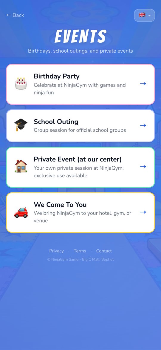 The NinjaGym app: birthdays, school outings and private events, all bookable