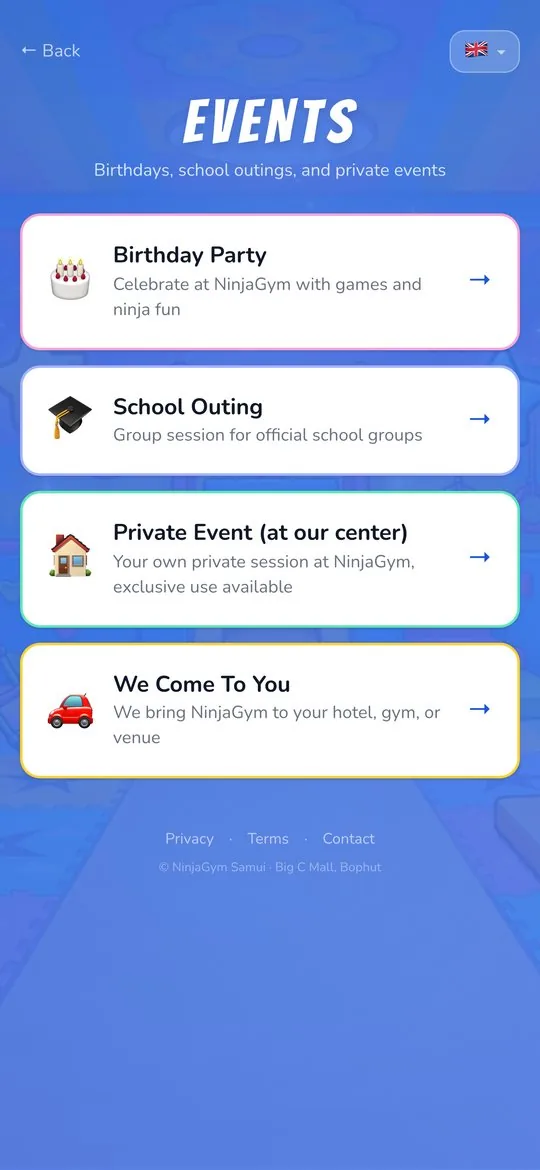 The NinjaGym app: birthdays, school outings and private events, all bookable
