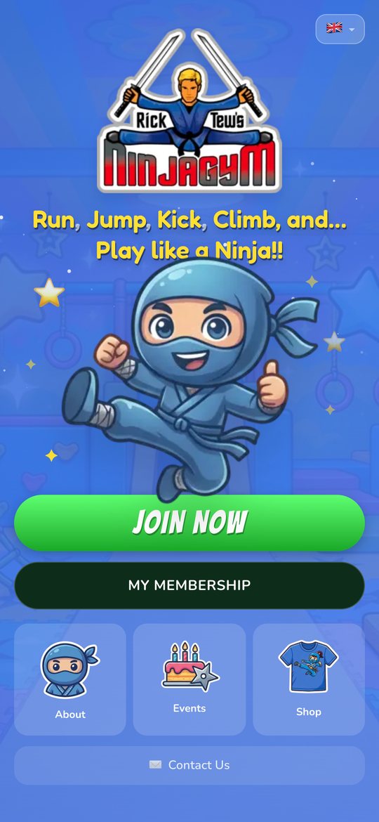 The NinjaGym app home screen: join, membership, about, events and shop