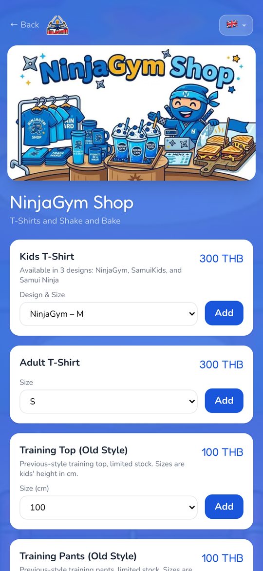 The NinjaGym app shop: t-shirts, training kit and Shake and Bake, priced in baht