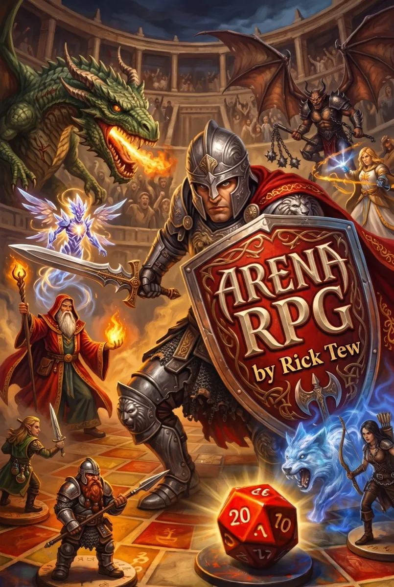 Arena RPG key art: an armoured champion with a lion shield, a dragon, a wizard and a twenty-sided die in a packed arena