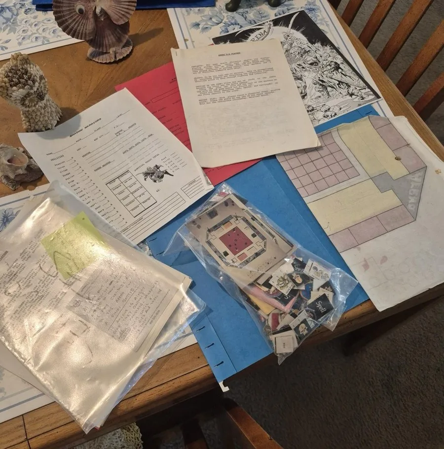 The arena game Rick built on paper as a kid: hand-drawn boards, character sheets, hand-cut tiles