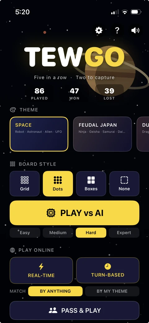 The TEWGO home screen: theme, board style, play against the AI, play online, pass and play