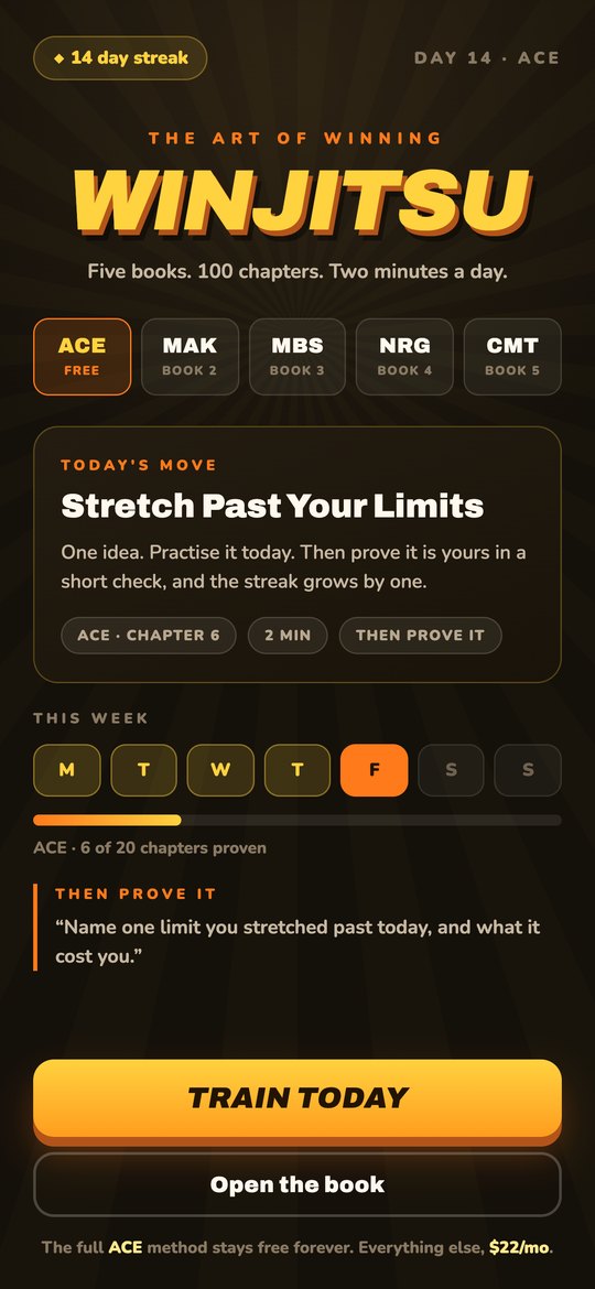 The WinJitsu app: the five methods ACE, MAK, MBS, NRG and CMT, today's move, the week's streak