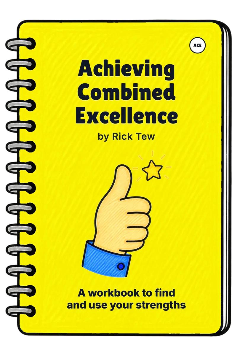 The Achieving Combined Excellence workbook: a yellow WinJitsu spiral notebook with a thumbs up and a star, the ACE badge in the corner, and the line A workbook to find and use your strengths at the bottom