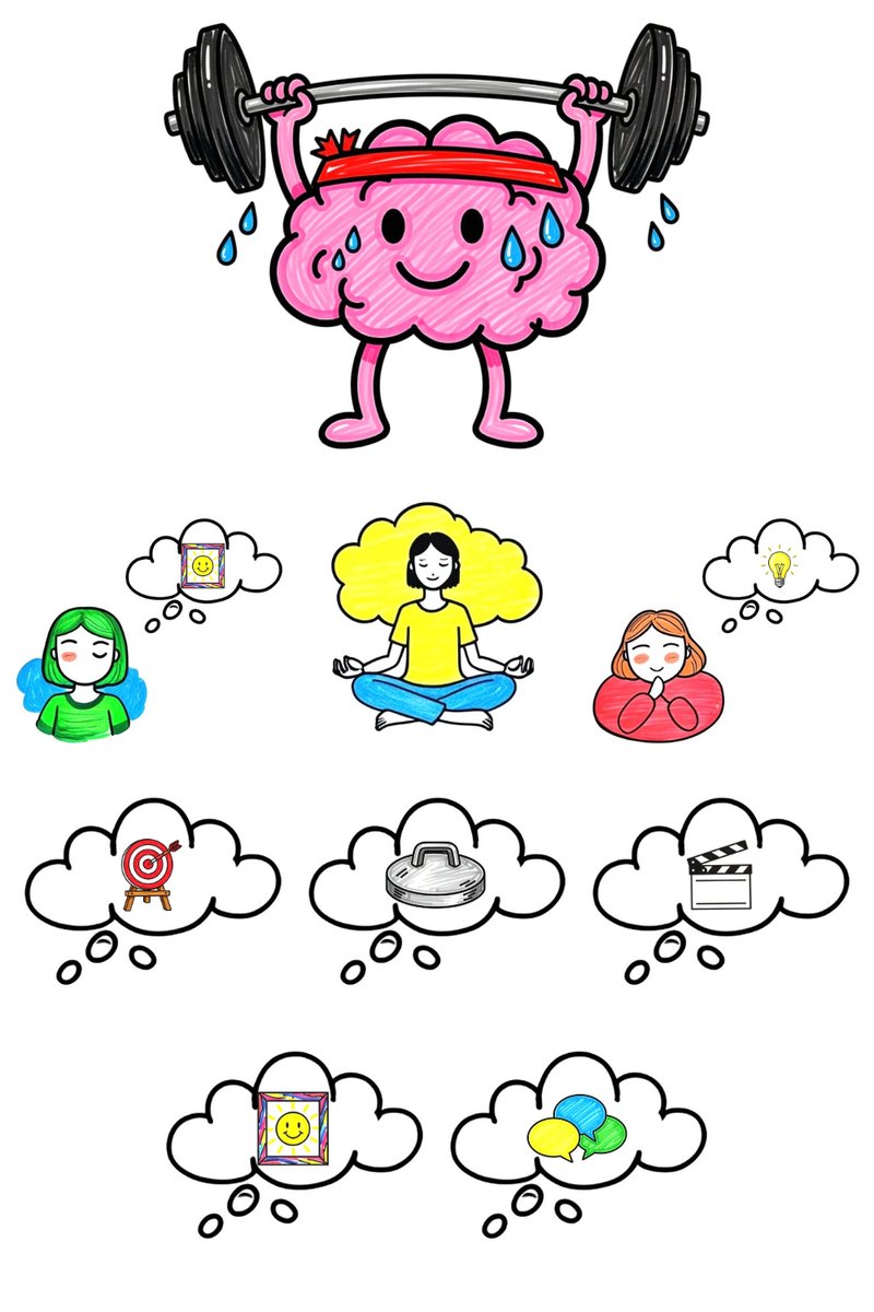 The Creative Mental Training cover: a smiling brain lifting a barbell, three people picturing, meditating and thinking, and the five steps in thought bubbles