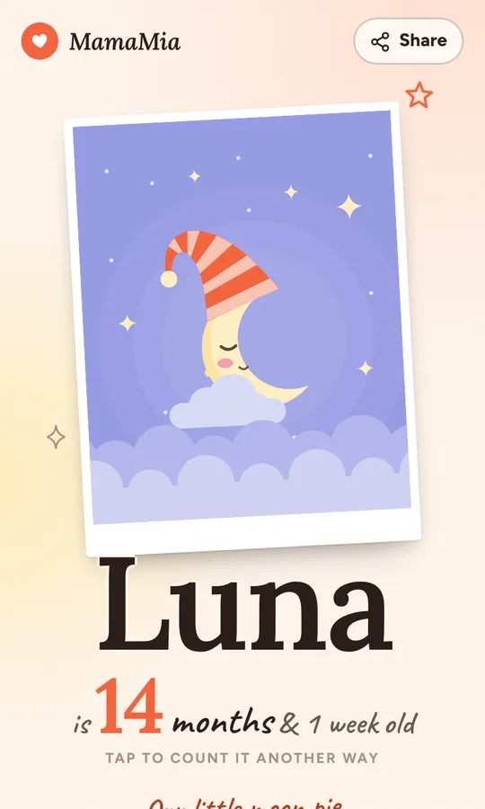 MamaMia on a phone: the demo baby Luna's page, a drawing of a sleepy moon as the cover photo, her name, and her age, 14 months and 1 week old
