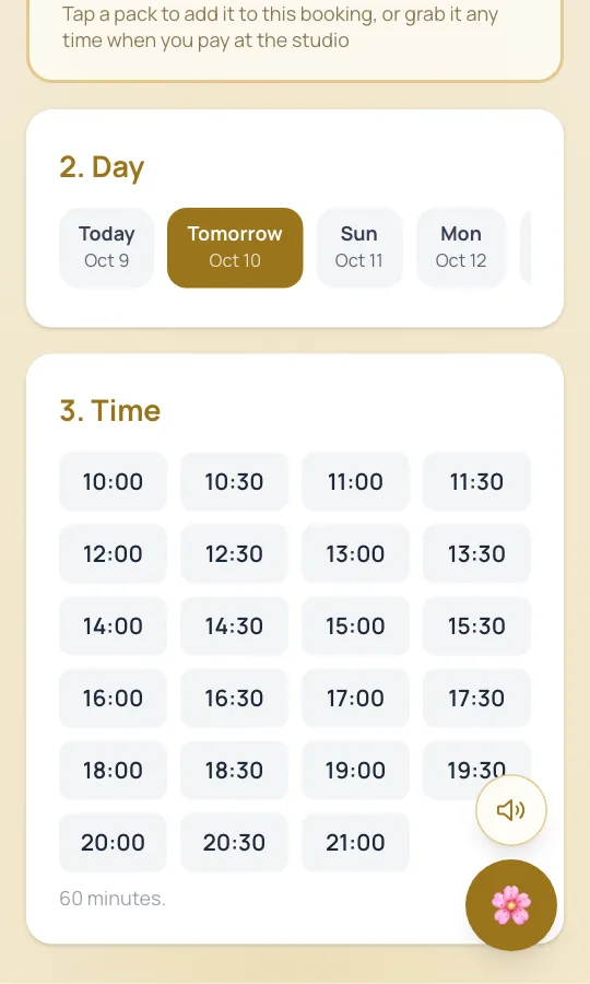 Pick a day, then an open time, every half hour from 10:00 to 21:00