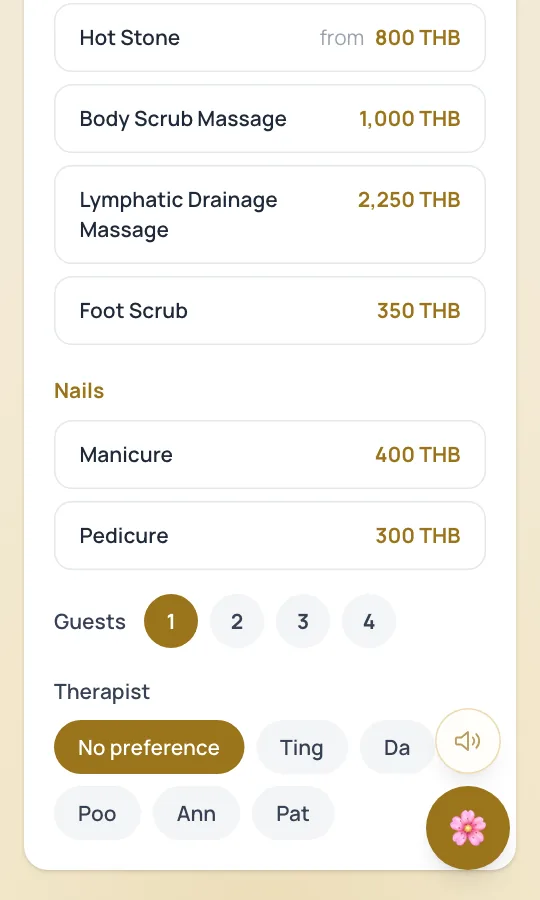Guests 1 to 4, and the therapist: no preference, or one of five names