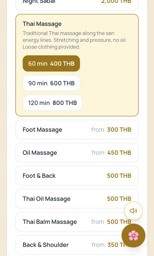 Thai Massage picked: a short description and three lengths, 60, 90 and 120 minutes, each with its price