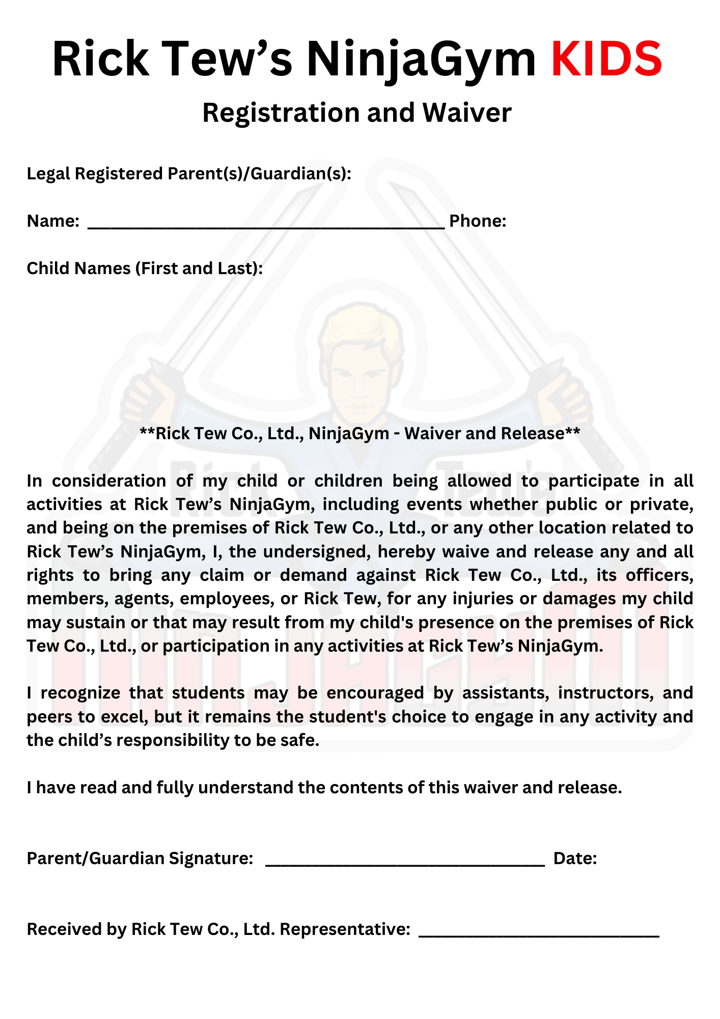 NinjaGym registration and waiver
