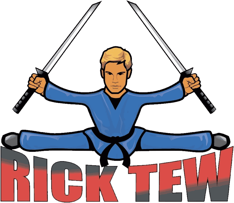 Rick Tew, holding the splits with a sword in each hand